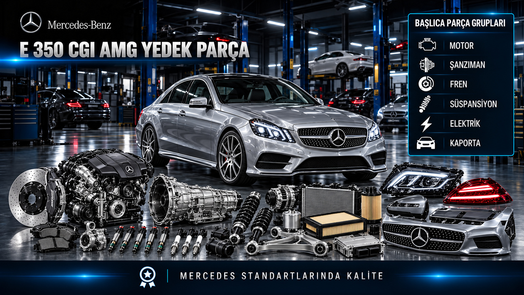 Mercedes-Benz E 350 CGI AMG için benzinli motor, yakıt enjeksiyonu, ateşleme, bakım ve AMG gövde parçalarını gösteren kategori görseli