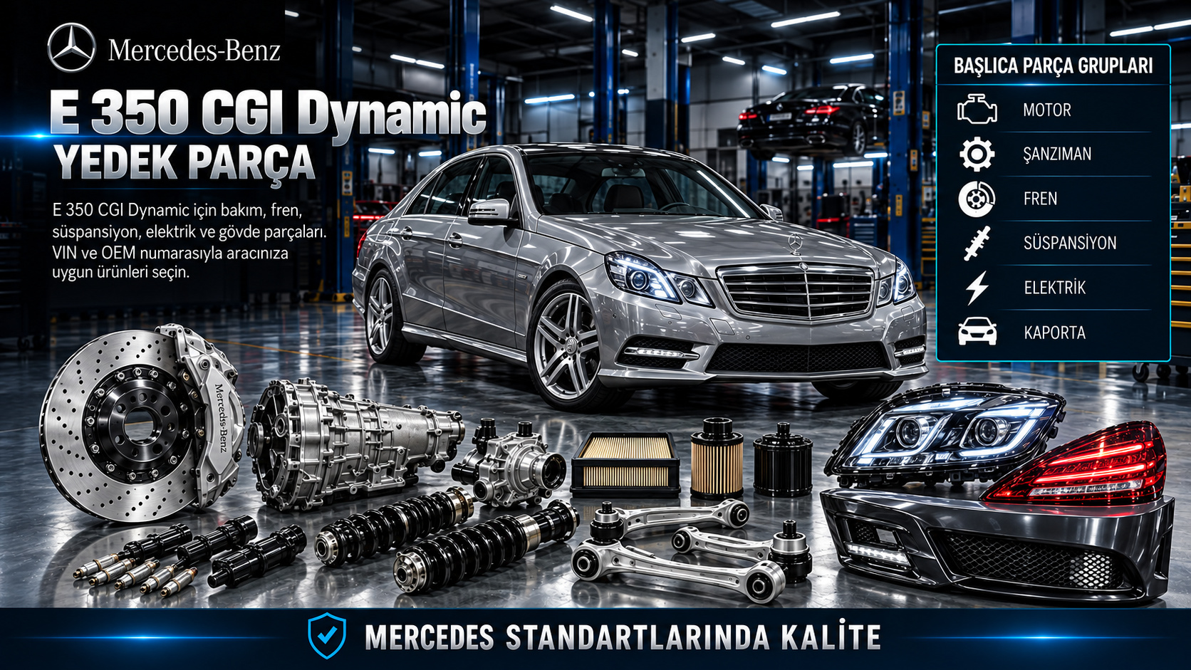 Mercedes-Benz E 350 CGI Dynamic benzinli motor, ateşleme, yakıt, fren ve gövde parçaları