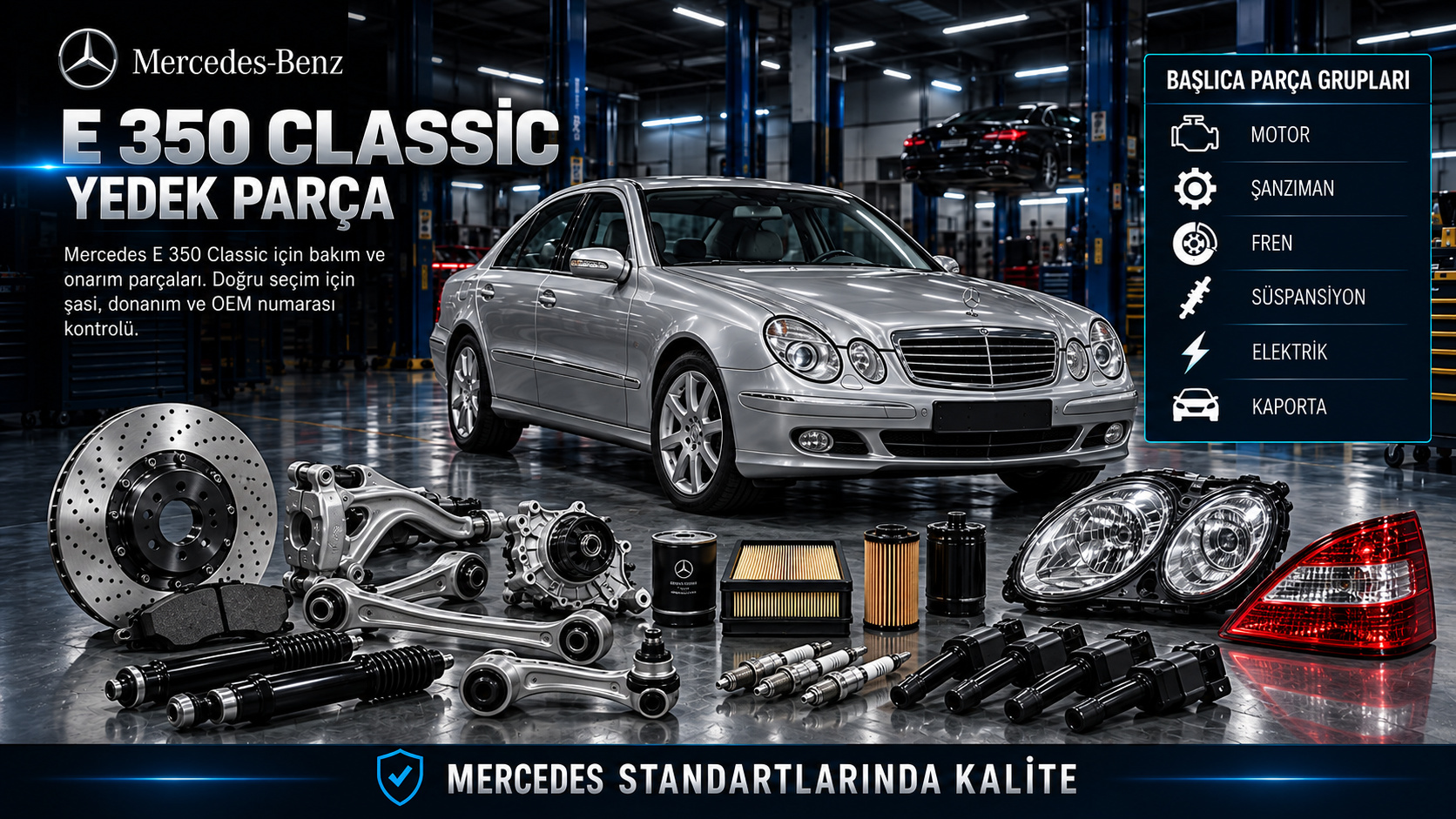 Mercedes E 350 Classic benzinli motor, ateşleme, şanzıman, fren ve gövde parçaları