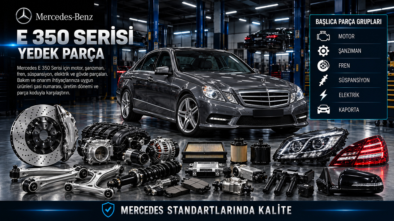 Mercedes E 350 motor bakım, ateşleme, soğutma ve yürüyen aksam parçaları