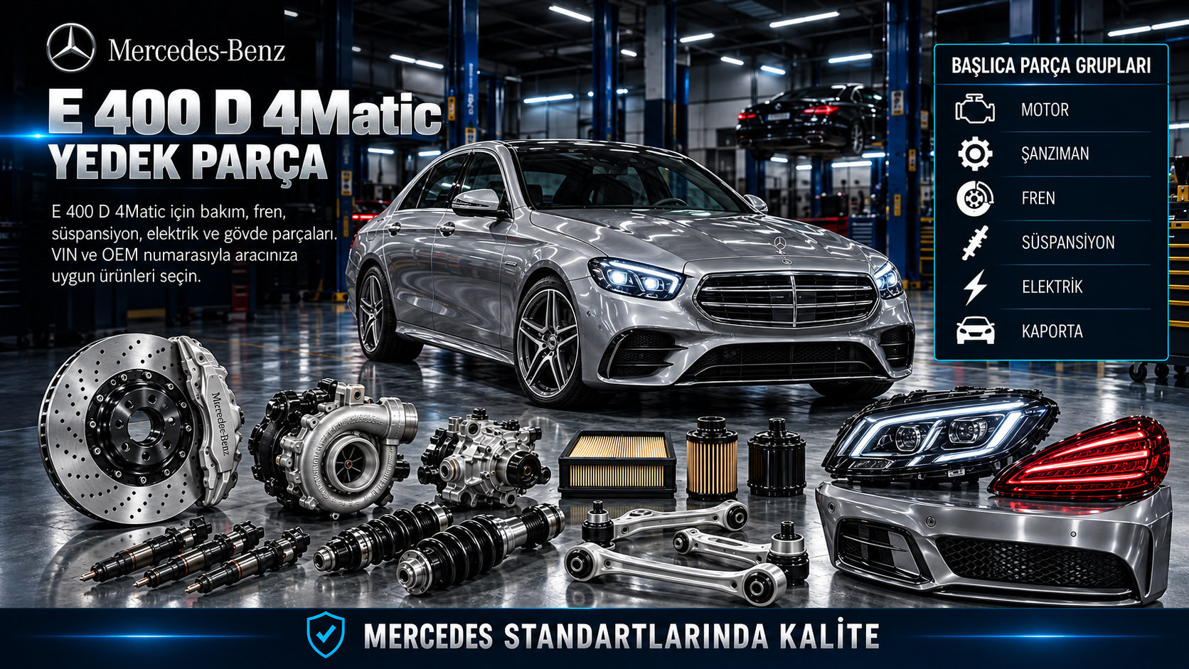 Mercedes-Benz E 400 D 4Matic dizel motor, bakım, aktarma, fren ve süspansiyon parçaları