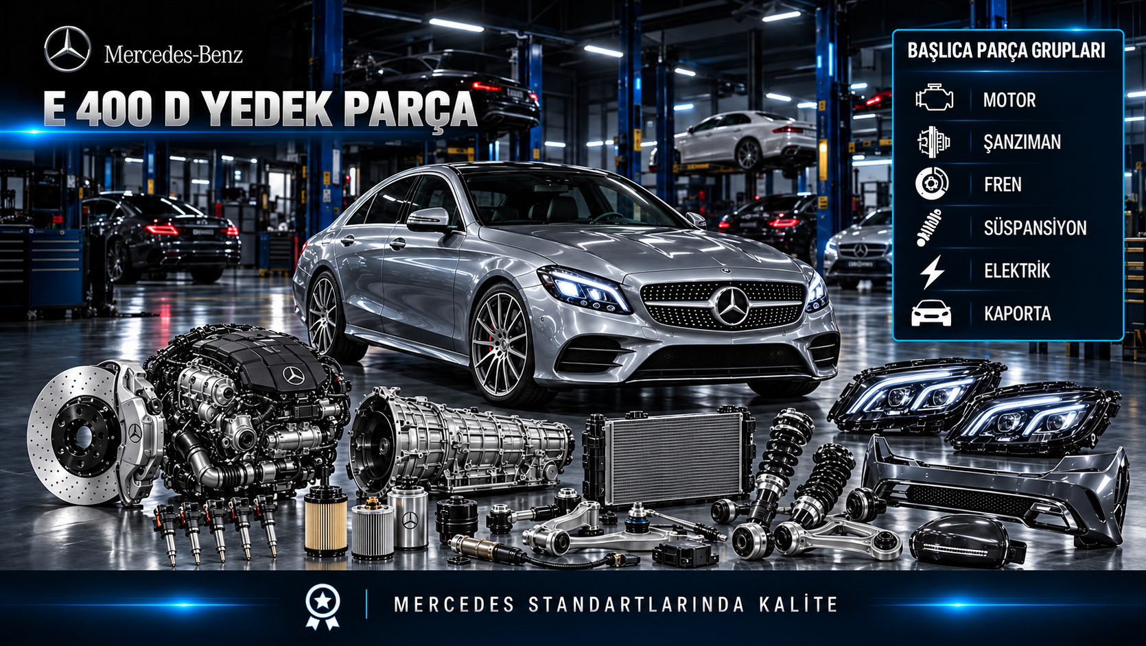 Mercedes-Benz E 400 D için dizel motor, yakıt, bakım, emisyon, soğutma ve şasi parçalarını gösteren kategori görseli