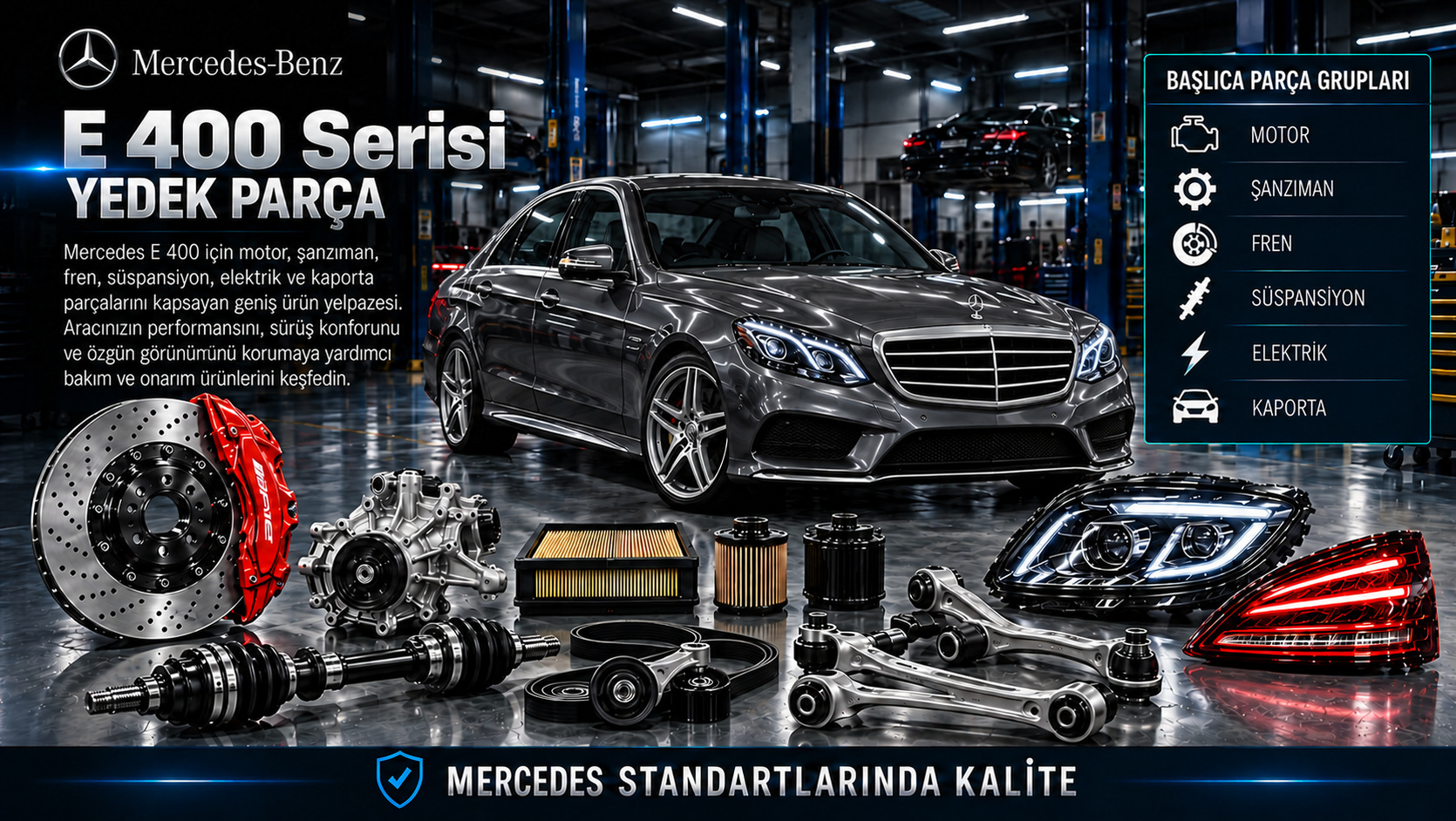 Mercedes E 400 Serisi Yedek Parça: motor, aktarma, fren, süspansiyon ve gövde parçaları