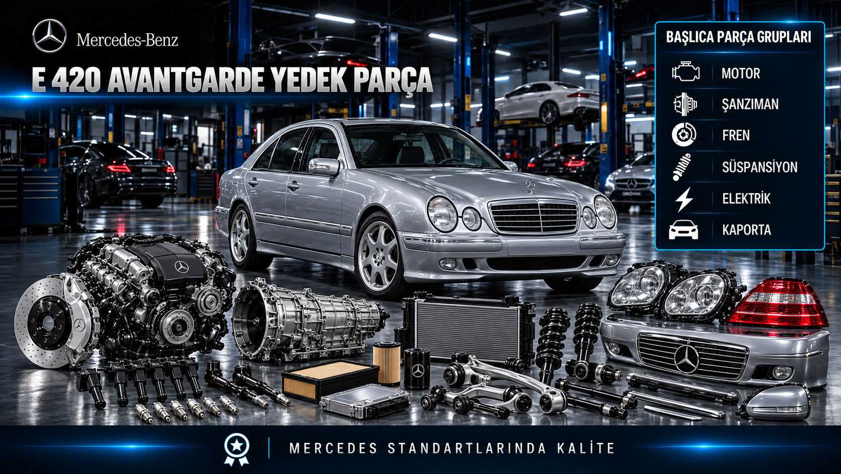 Mercedes-Benz E 420 Avantgarde için benzinli motor, ateşleme, bakım, soğutma, fren ve klasik gövde parçalarını gösteren kategori görseli