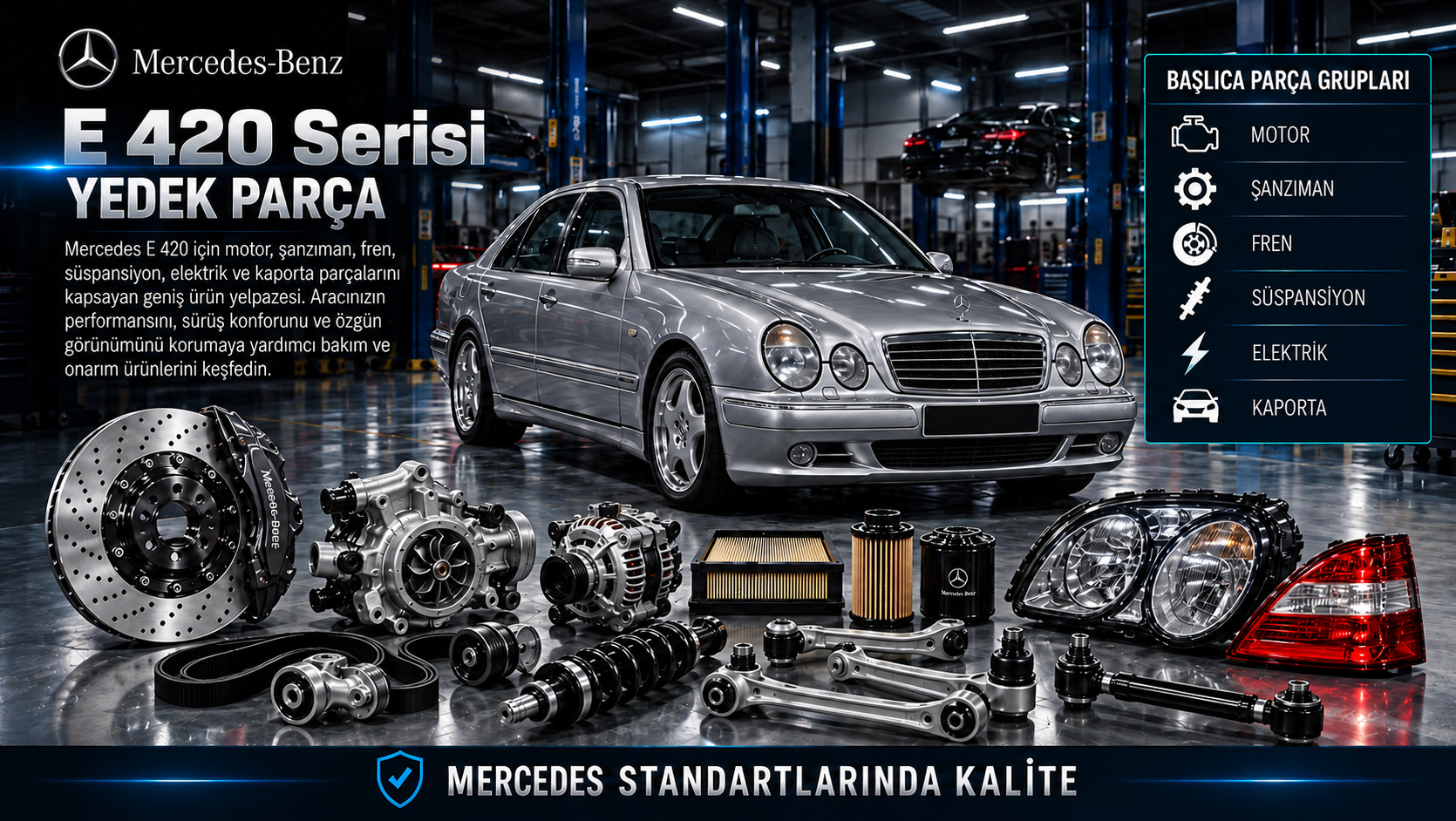 Mercedes E 420 Serisi Yedek Parça: motor, aktarma, fren, süspansiyon ve gövde parçaları