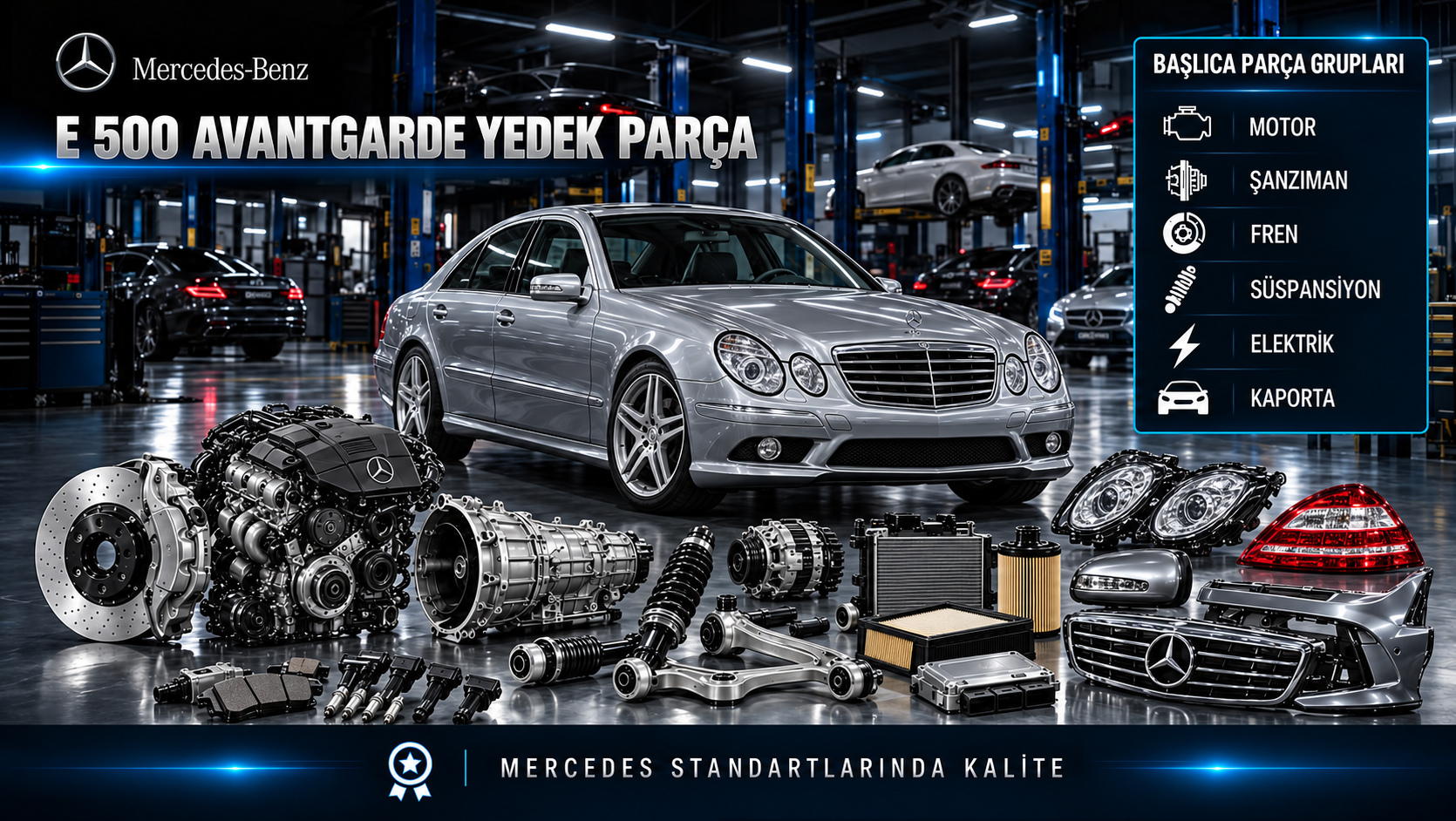 Mercedes-Benz E 500 Avantgarde için motor, ateşleme, bakım, soğutma, fren, süspansiyon ve konfor parçalarını gösteren kategori görseli