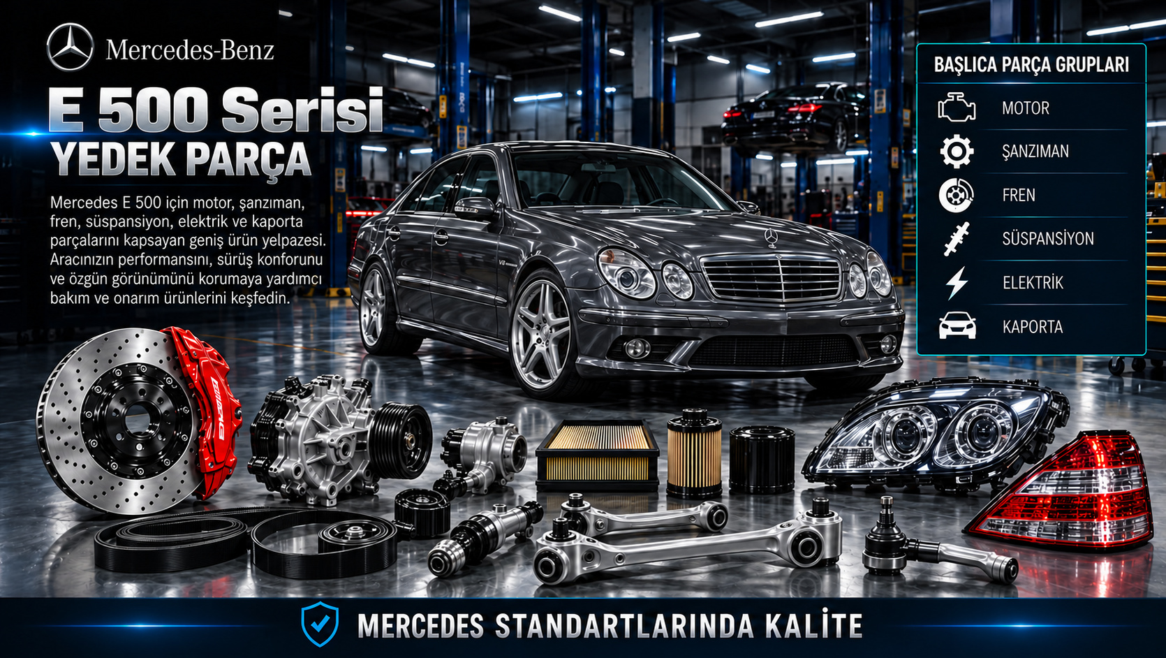 Mercedes E 500 Serisi Yedek Parça: motor, aktarma, fren, süspansiyon ve gövde parçaları