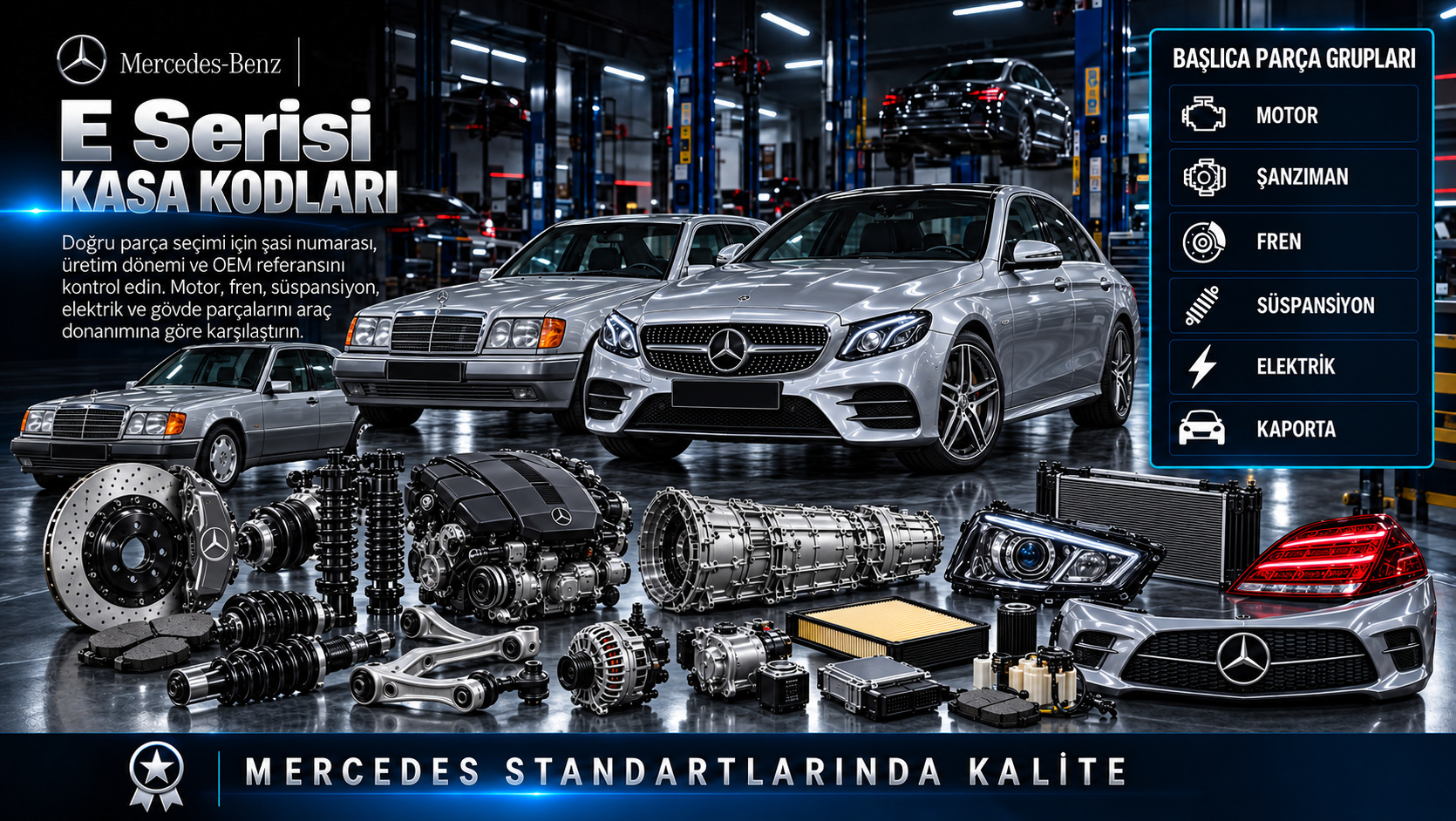 Mercedes E Serisi kasa kodlarına göre motor, aktarma, fren, süspansiyon ve gövde parçaları