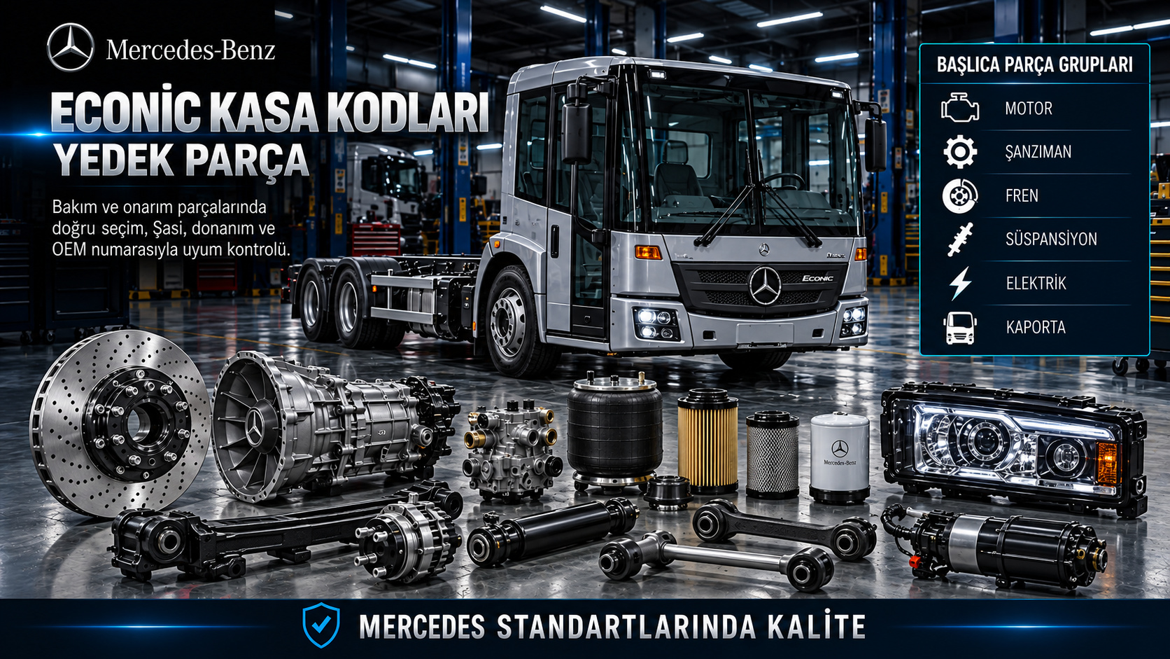 Mercedes Econic alçak girişli kamyon kasa seçimi, motor, şanzıman, aks, fren, süspansiyon ve kabin parçaları