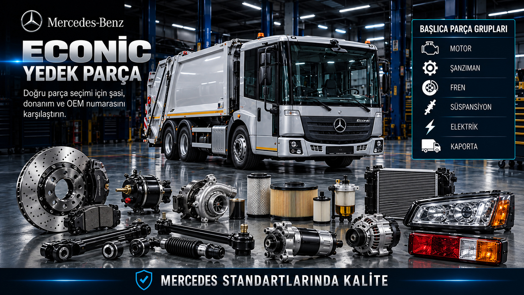 Mercedes Econic şasi, fren, süspansiyon, alçak girişli kabin ve görev ekipmanı parçaları