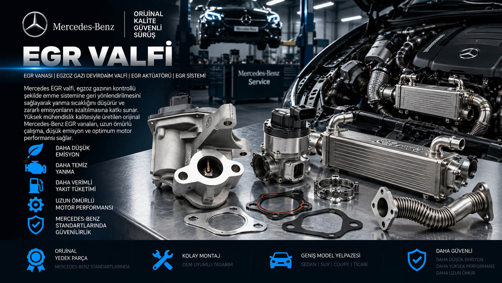Mercedes EGR valfi, EGR vanası, aktüatör ve egzoz gazı devirdaim sistemi parçaları