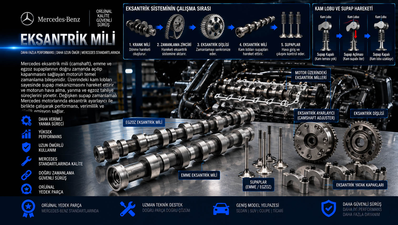 Mercedes eksantrik mili, camshaft, eksantrik dişlisi ve ayarlayıcı parçaları