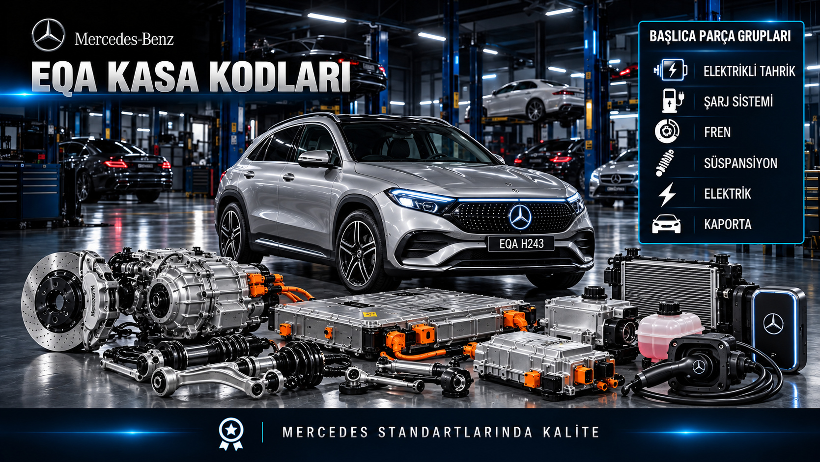 Mercedes EQA elektrikli araç kasa seçimi, tahrik, şarj, termal yönetim ve gövde parçaları