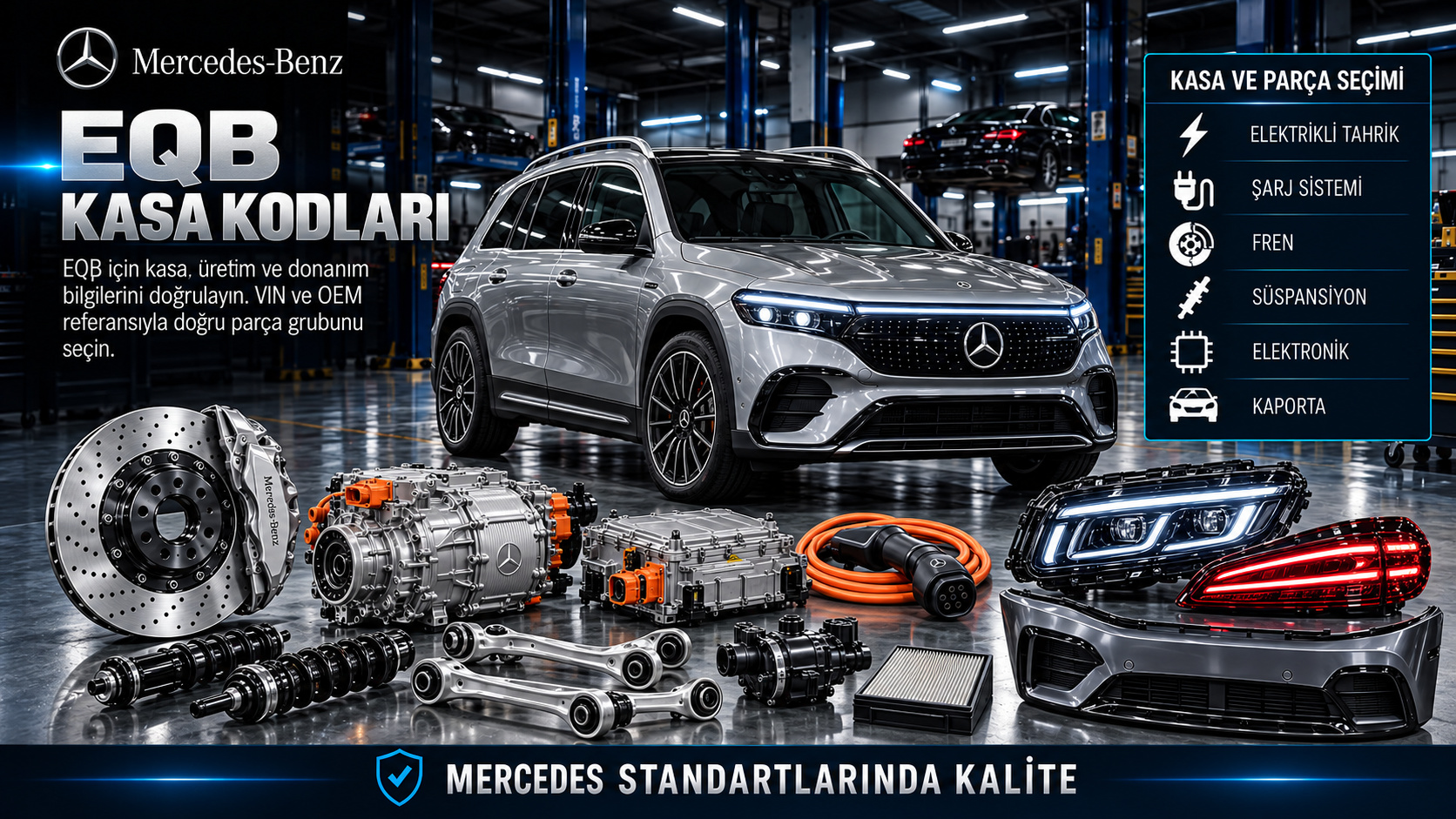 Mercedes-Benz EQB elektrikli SUV kasa, tahrik, şarj ve donanım bilgisine göre parça seçimi