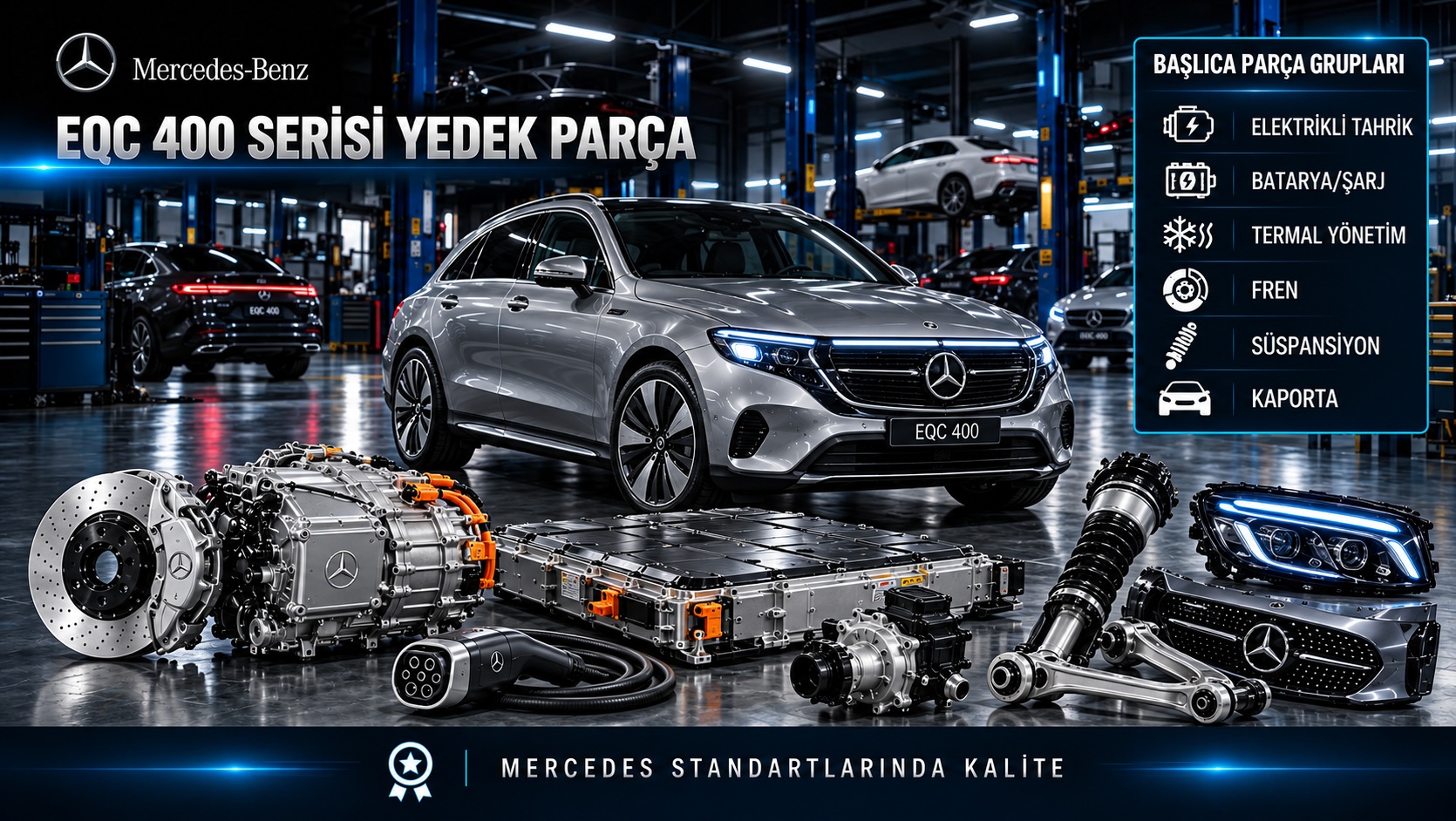 Mercedes-Benz EQC 400 elektrikli SUV için tahrik, şarj, fren ve gövde parçalarını gösteren kategori bannerı