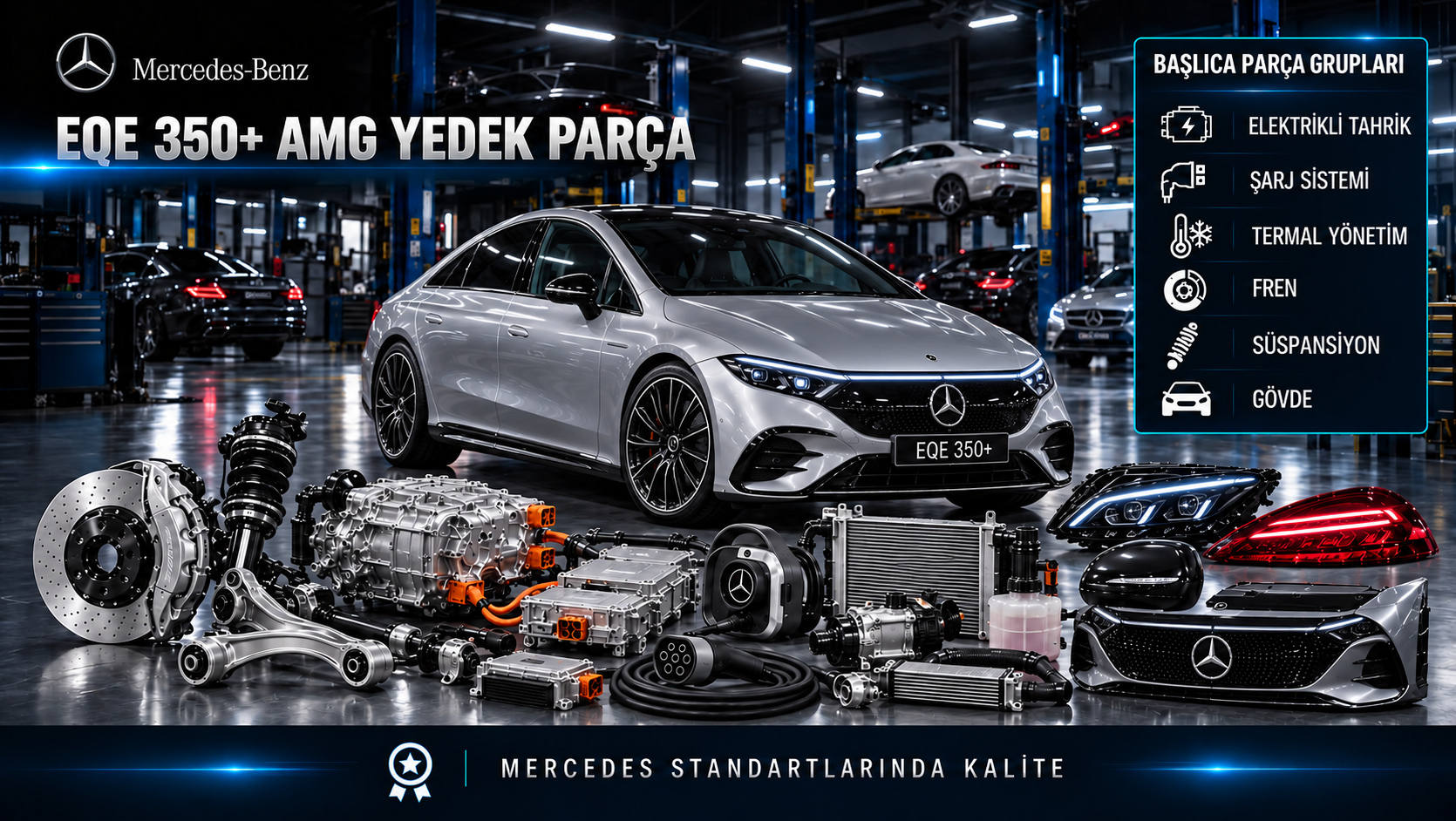 Mercedes-Benz EQE 350+ AMG için elektrikli tahrik, şarj, termal yönetim, fren ve AMG gövde parçalarını gösteren kategori görseli