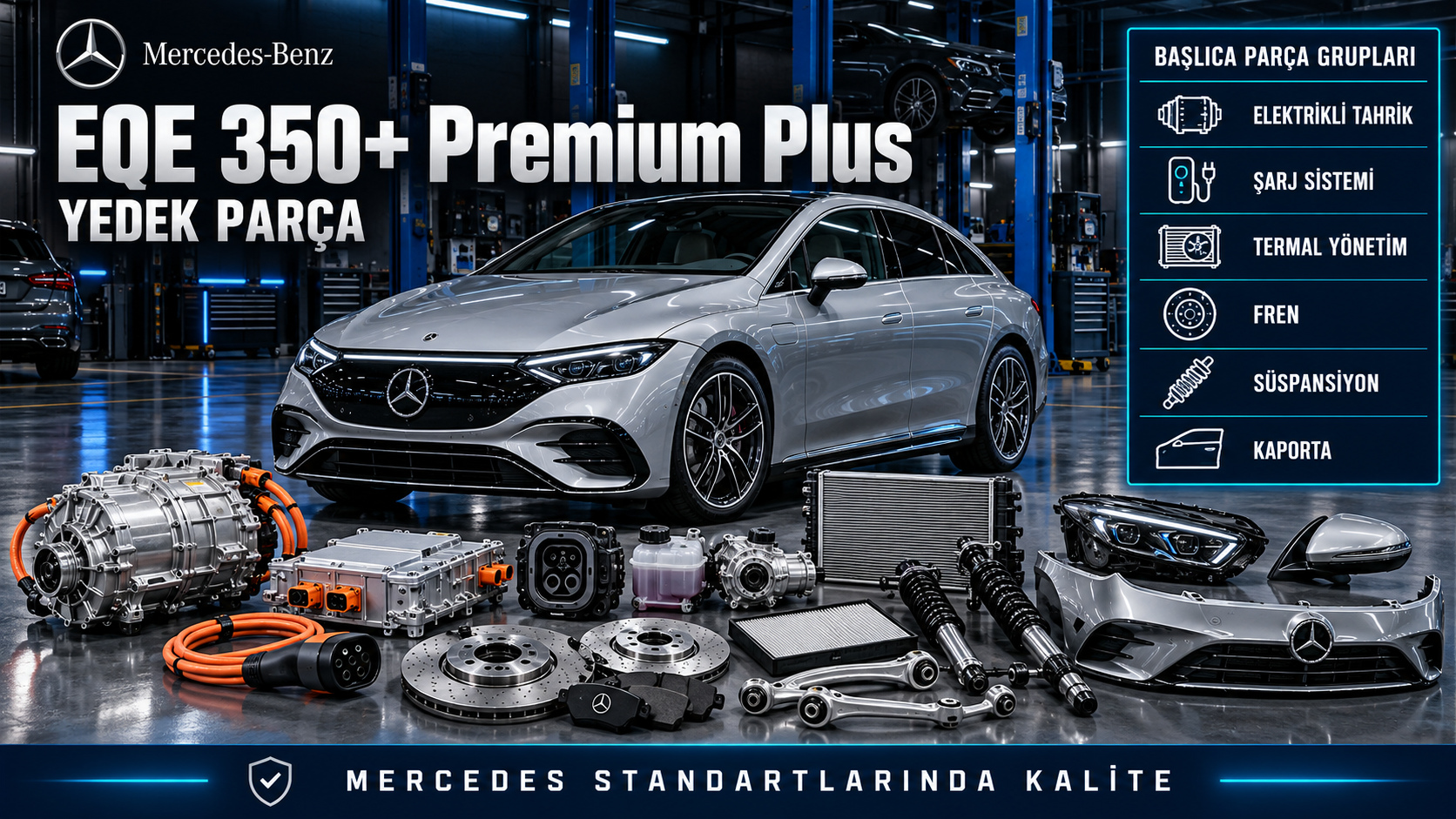 Mercedes EQE 350+ Premium Plus elektrikli tahrik, şarj, soğutma, fren ve gövde parçaları