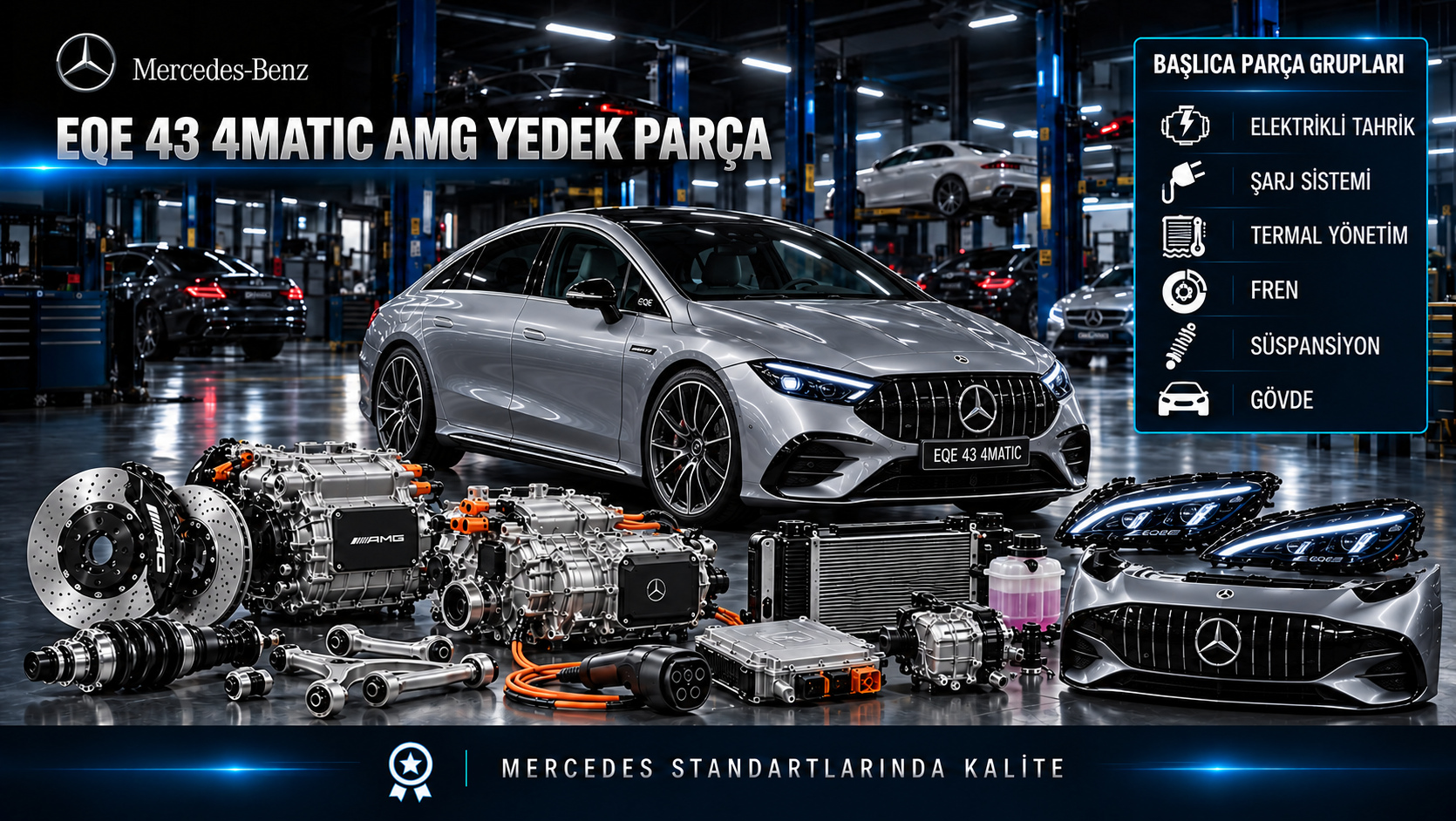 Mercedes-Benz EQE 43 4MATIC AMG için elektrikli performans tahriki, şarj, termal yönetim, fren ve gövde parçalarını gösteren kategori görseli
