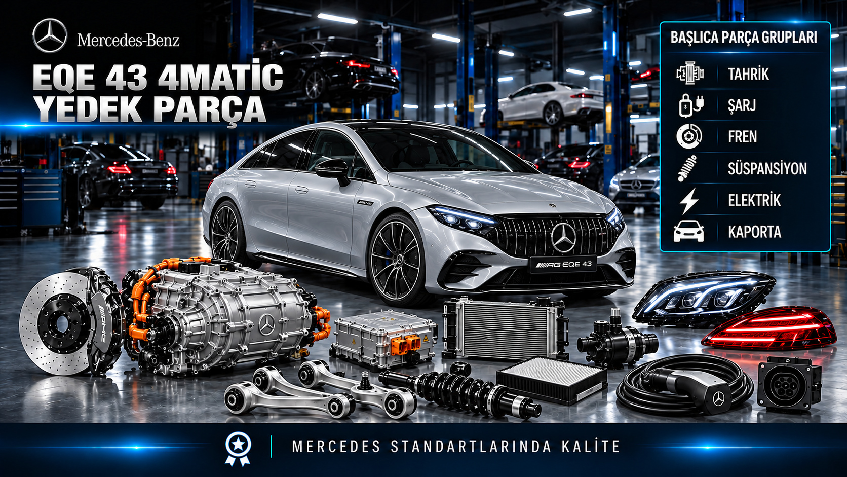 Mercedes EQE 43 4MATIC için kategoriye uygun tahrik, bakım, fren, süspansiyon ve gövde parçaları