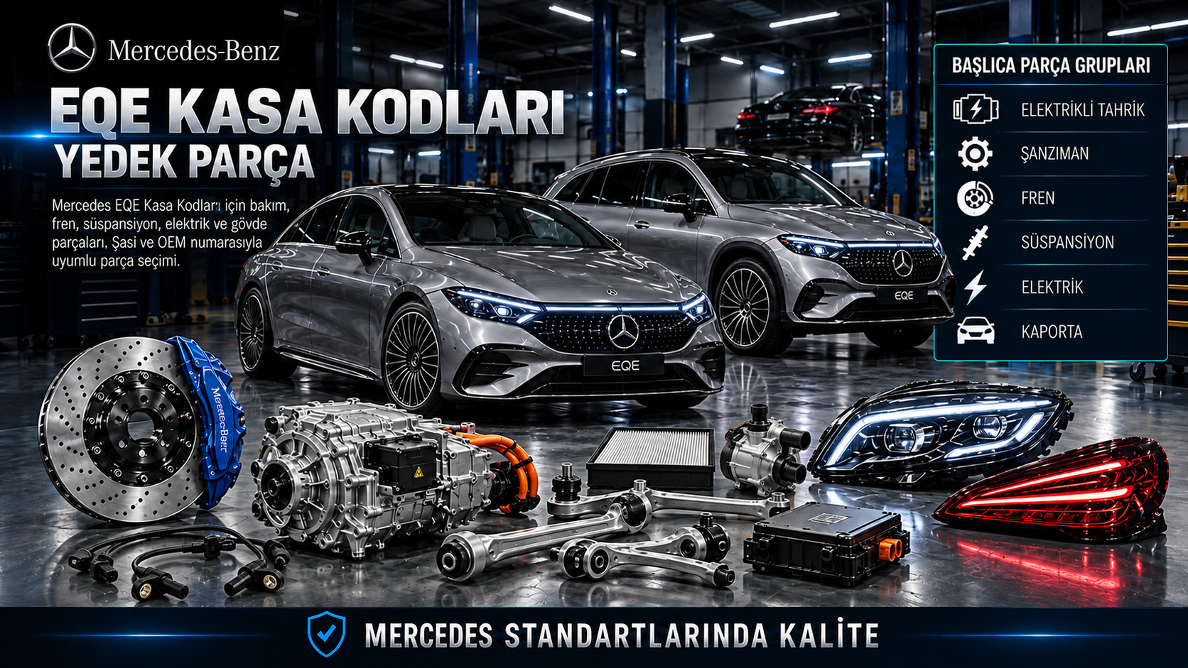 Mercedes EQE sedan ve SUV kasa kodları, elektrikli tahrik, fren, süspansiyon, termal yönetim ve gövde parçaları