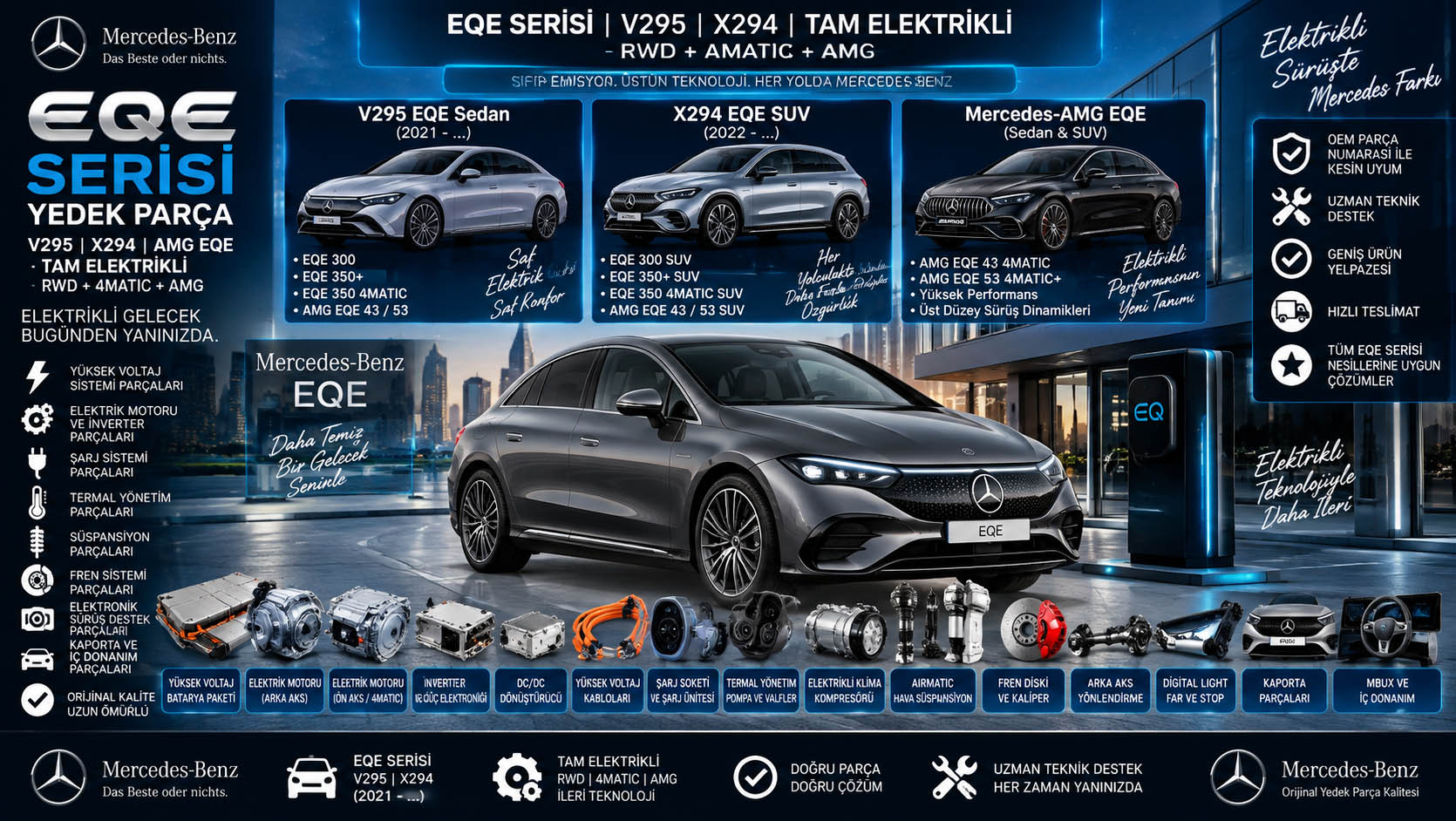 Mercedes EQE Serisi yedek parça V295 EQE Sedan X294 EQE SUV elektrik motoru batarya inverter fren süspansiyon ve kaporta parçaları