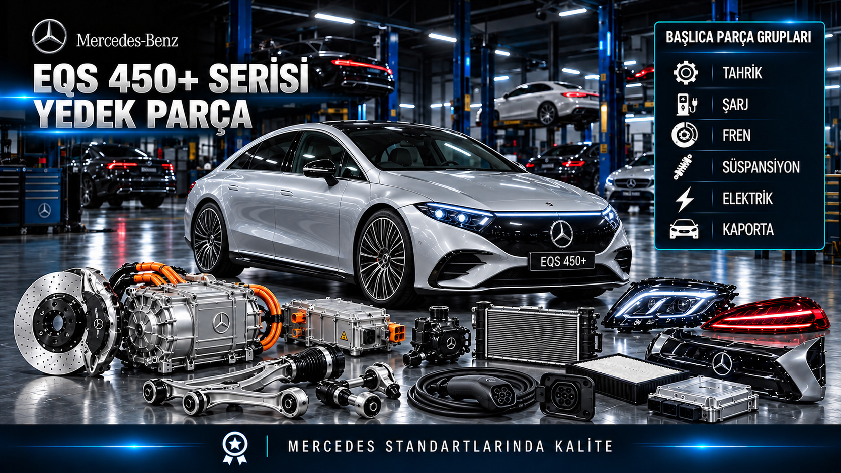 Mercedes EQS 450+ için kategoriye uygun tahrik, bakım, fren, süspansiyon ve gövde parçaları