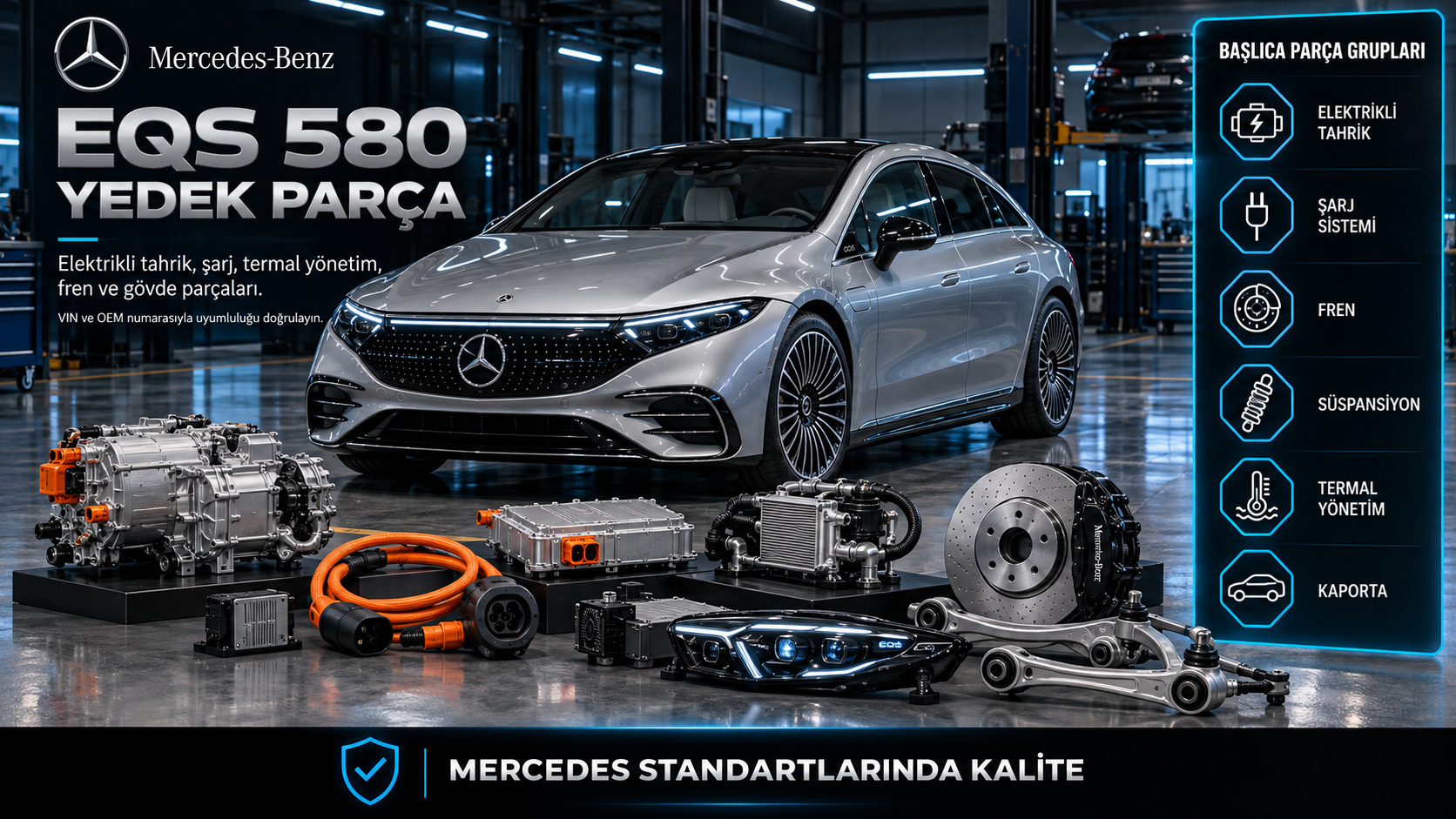Mercedes-Benz EQS 580 elektrikli tahrik, şarj, termal yönetim, fren ve gövde parçaları