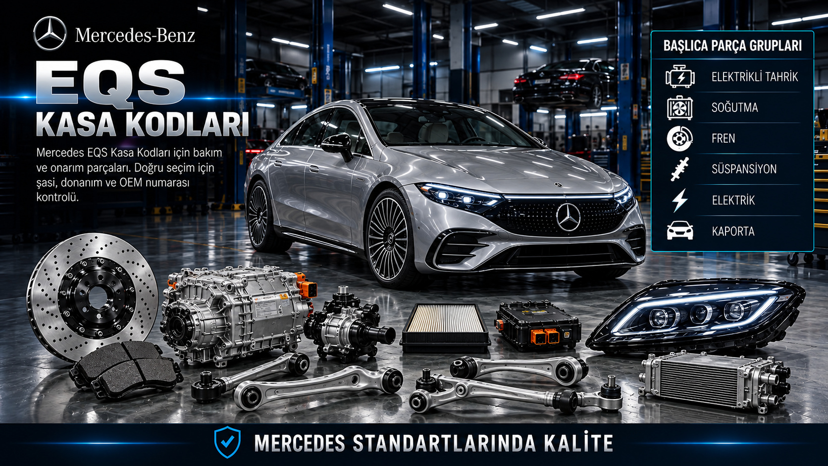 Mercedes EQS elektrikli tahrik, termal yönetim, fren, süspansiyon ve gövde parçaları