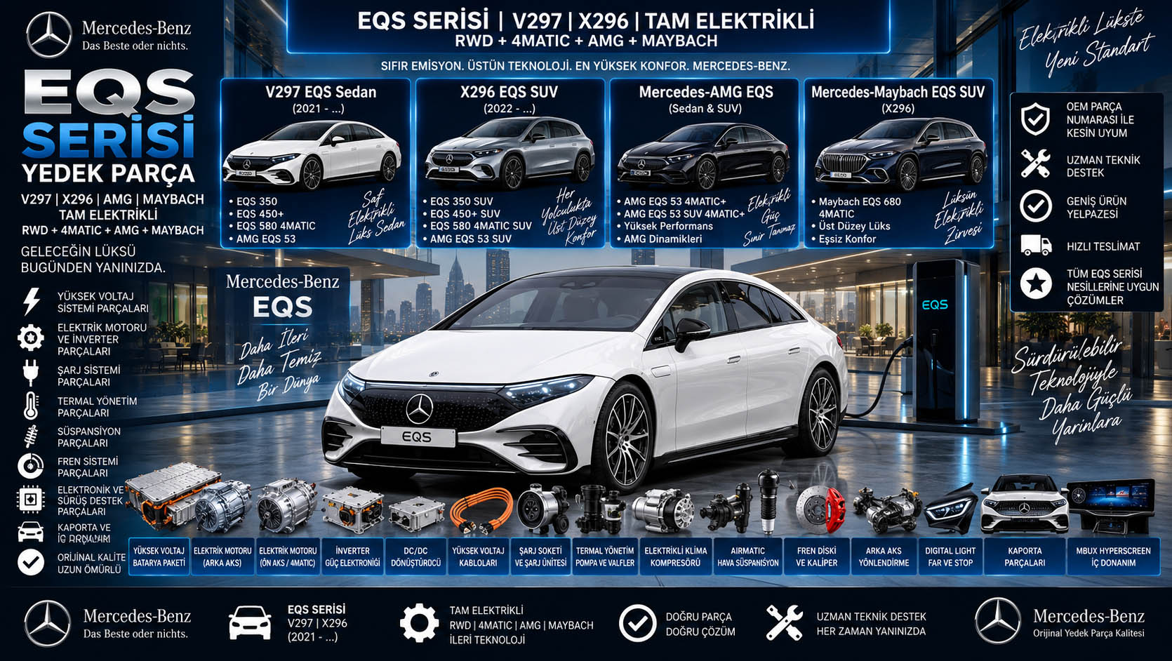 Mercedes EQS Serisi yedek parça V297 EQS Sedan X296 EQS SUV yüksek voltaj batarya elektrik motoru inverter fren süspansiyon ve kaporta parçaları
