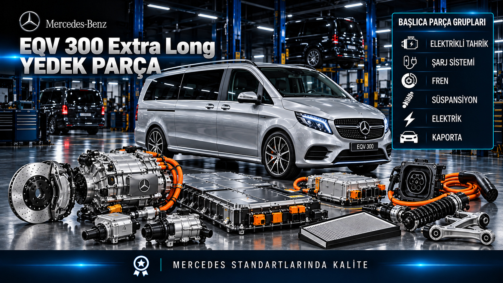 Mercedes-Benz EQV 300 Extra Long elektrikli araç için tahrik, şarj, soğutma, fren ve uzun gövde parçaları