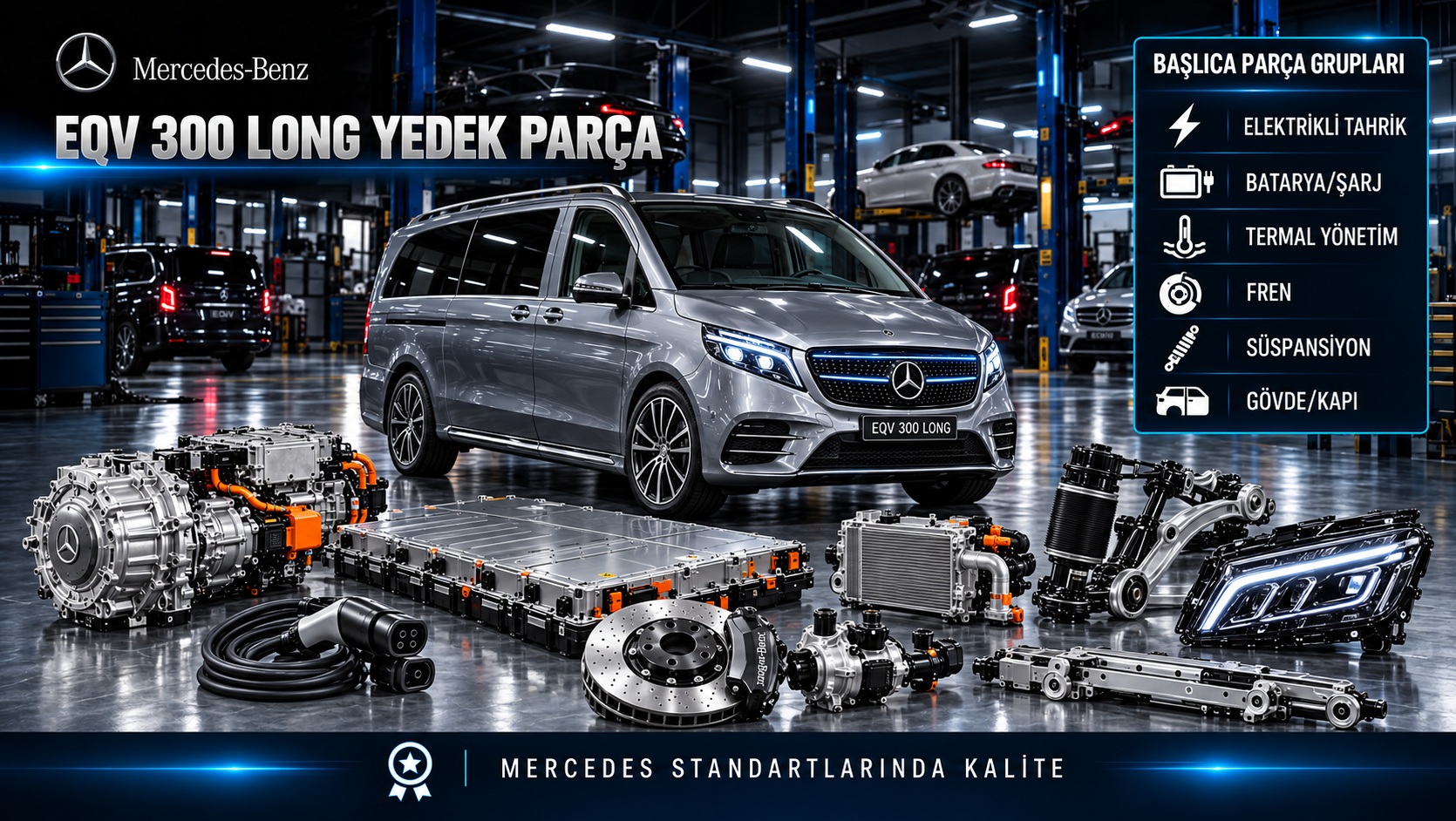 Mercedes EQV 300 Long elektrikli yolcu vanı, batarya, şarj, fren ve gövde parçaları kategori bannerı