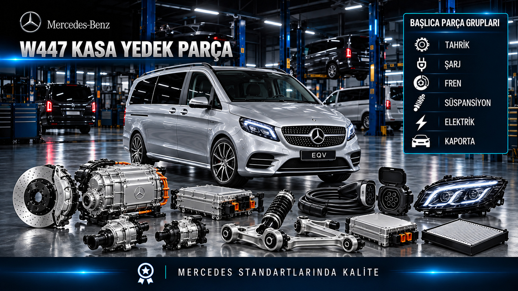 Mercedes EQV W447 elektrikli tahrik, şarj, fren, sürgülü kapı ve yolcu kabini parçaları