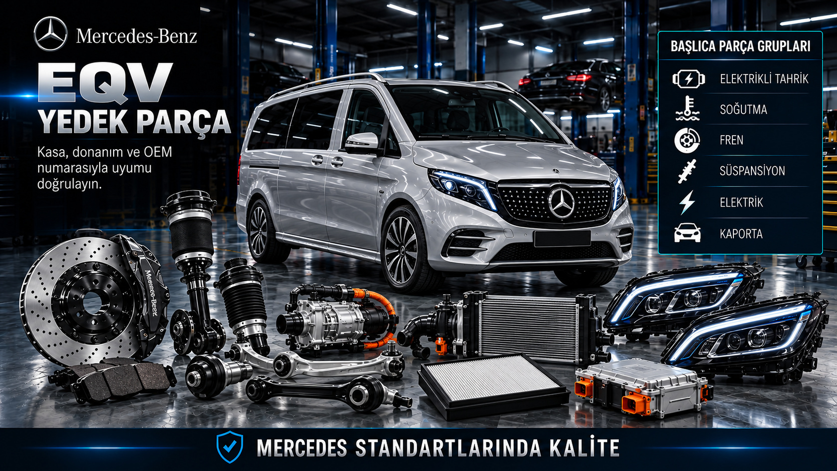 Mercedes EQV elektrikli tahrik, soğutma, fren, süspansiyon ve kabin parçaları