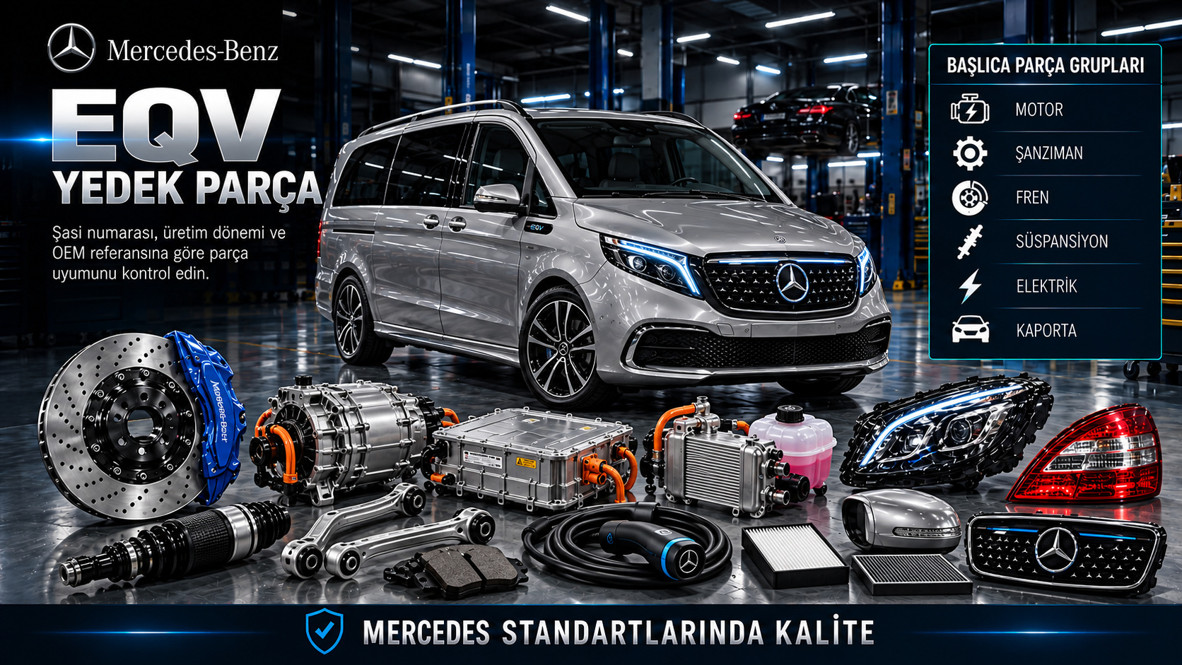 Mercedes EQV elektrikli tahrik, termal yönetim, fren, süspansiyon ve kabin parçaları