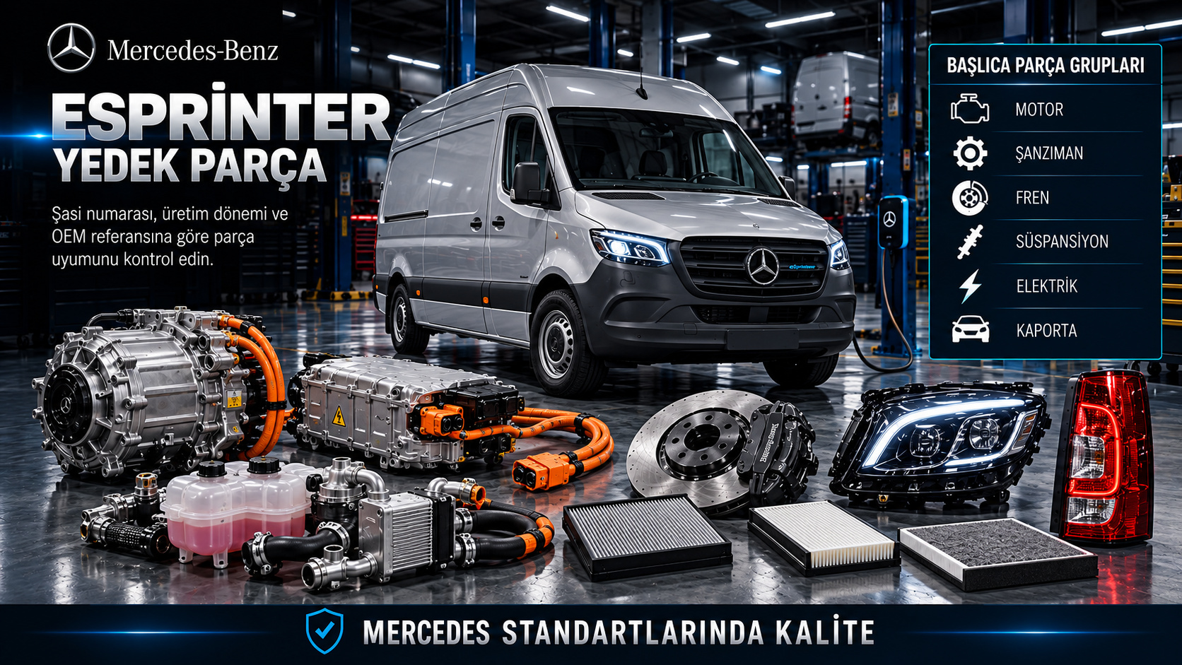 Mercedes eSprinter elektrikli tahrik, termal yönetim, fren, süspansiyon ve ticari gövde parçaları