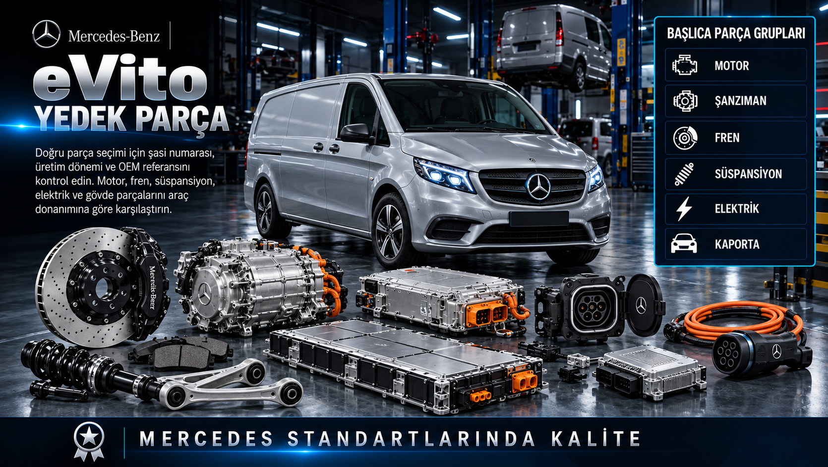 Mercedes eVito Yedek Parçaları: motor, aktarma, fren, süspansiyon ve gövde parçaları