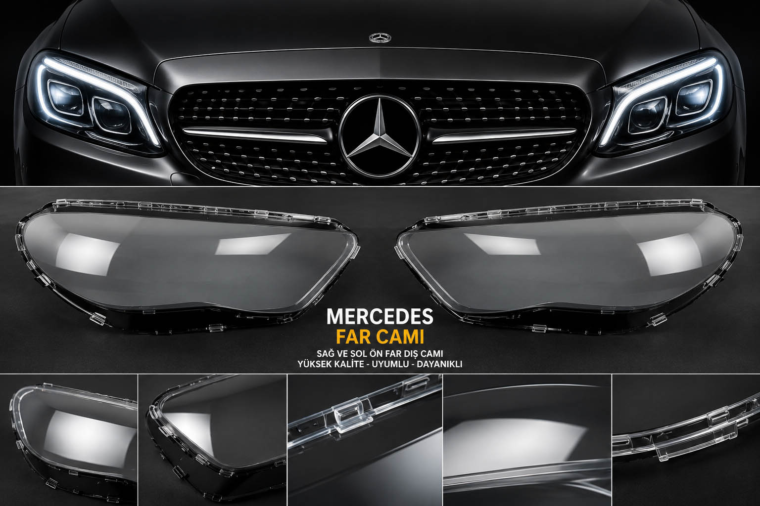 Mercedes far camı, sağ sol ön far dış camı ve far lensi çeşitleri