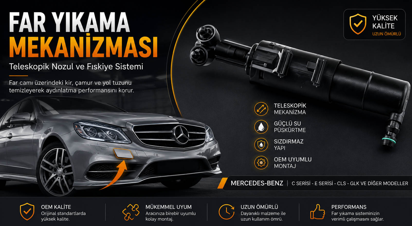 Mercedes far yıkama mekanizması, teleskopik nozul ve far yıkama fıskiyesi çeşitleri
