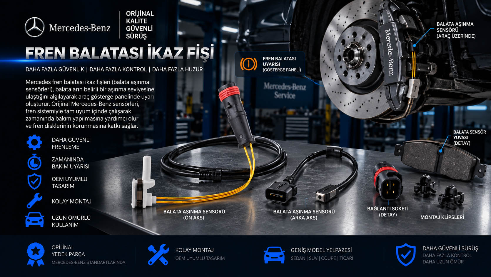 Mercedes fren balatası ikaz fişi, balata aşınma sensörü ve brake pad wear sensor çeşitleri