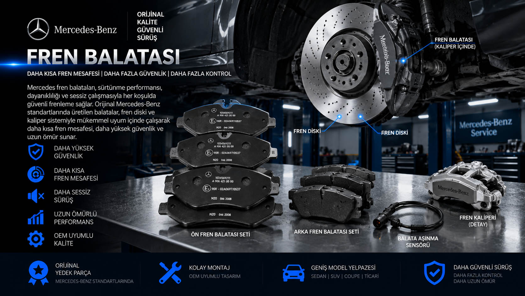 Mercedes Fren Balatası Mercedes fren balatası, ön arka brake pad ve balata sensörü çeşitleri