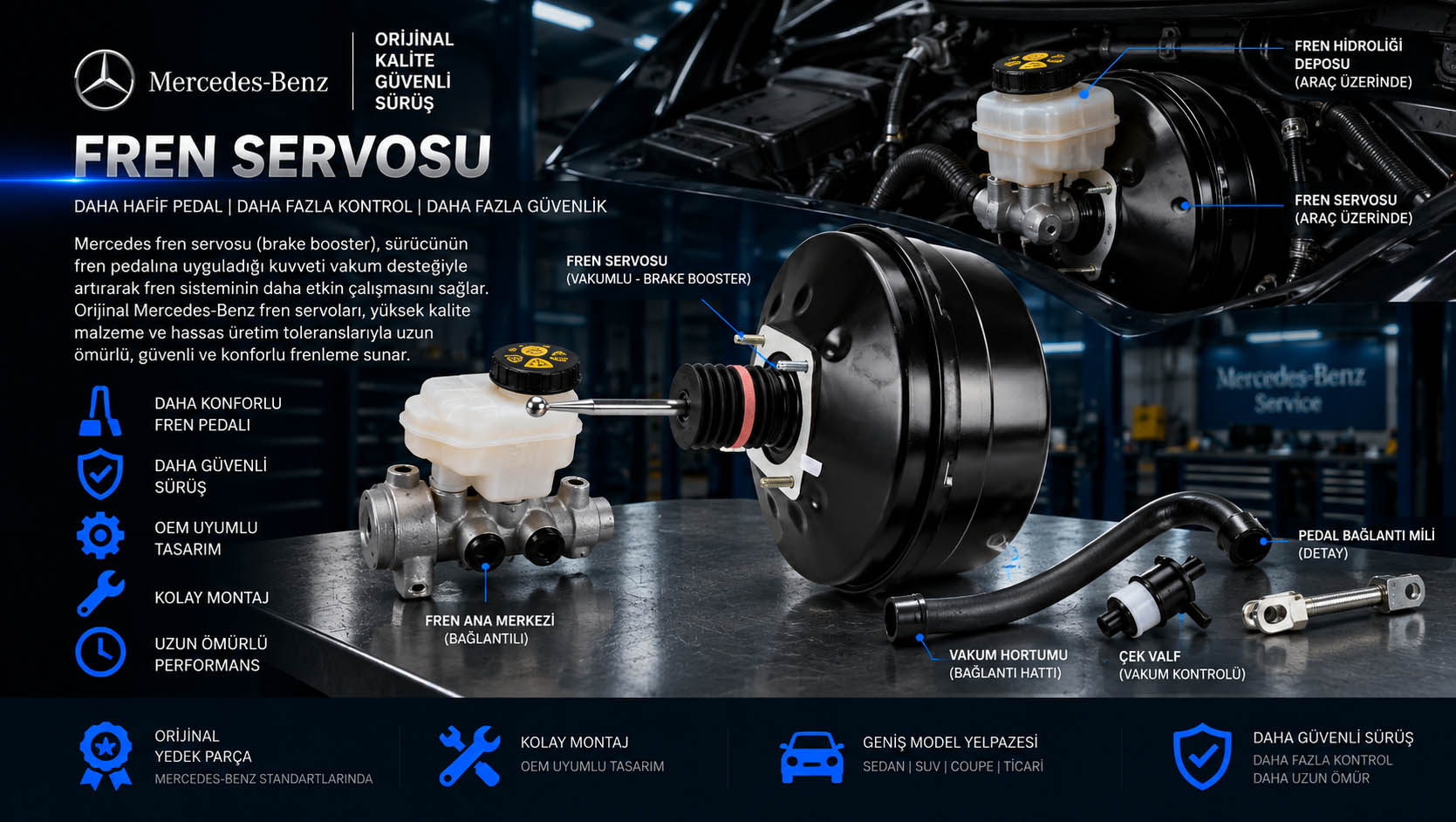 Mercedes fren servosu, brake booster ve vakum destekli fren servosu çeşitleri