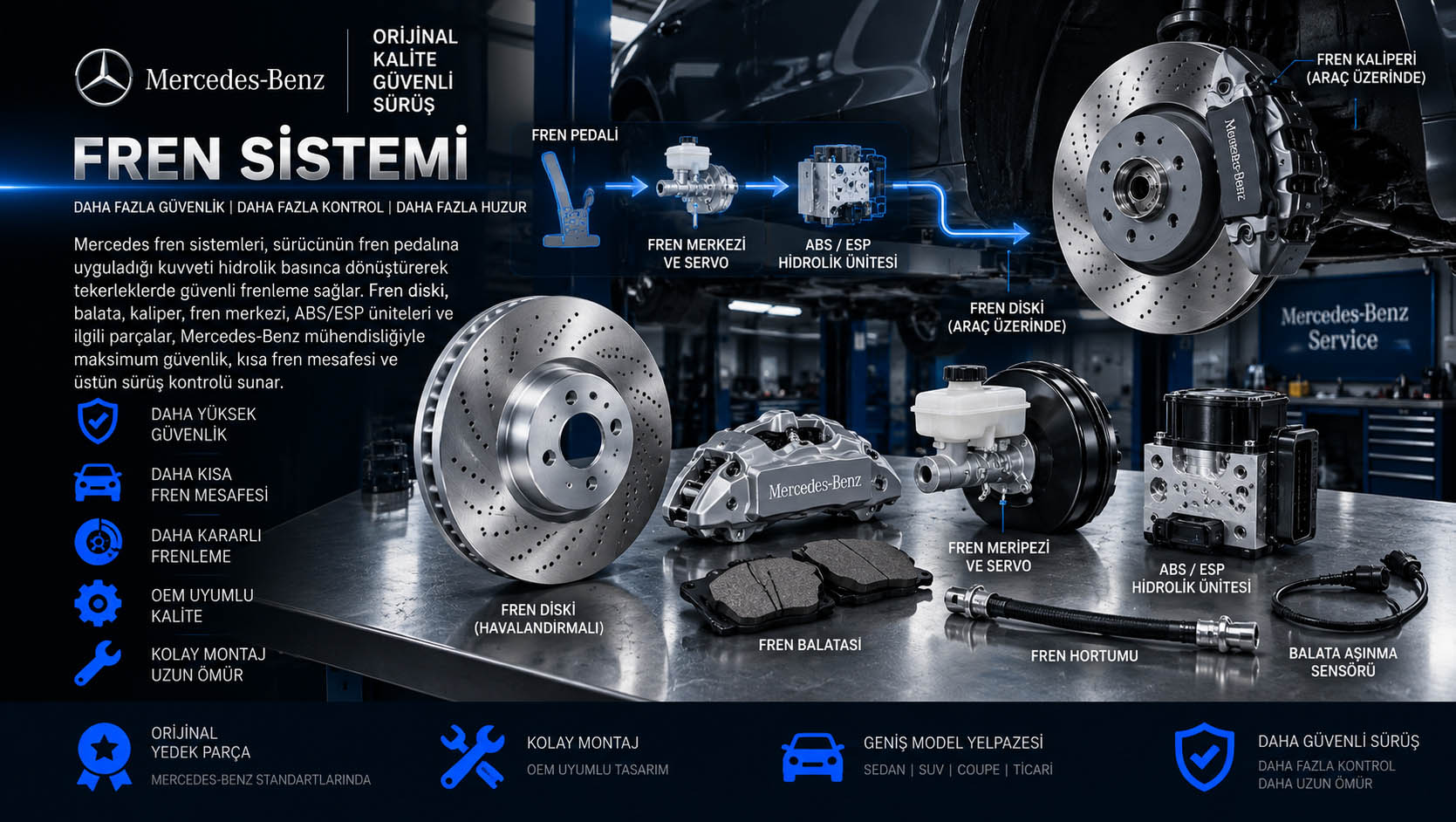 Mercedes Fren Sistemi Mercedes fren sistemi, fren diski, balata, kaliper ve ABS fren parçaları