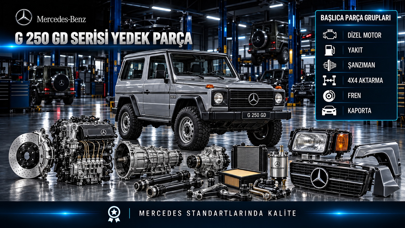 Mercedes G 250 GD arazi aracı ve dizel motor, 4x4 aktarma, fren ve gövde parçaları