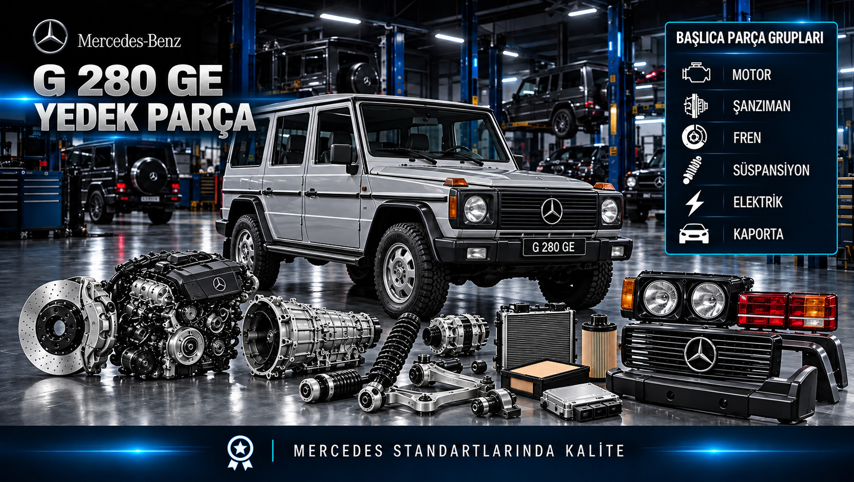 Mercedes-Benz G 280 GE arazi aracı için motor, bakım, aktarma, fren ve gövde parçaları