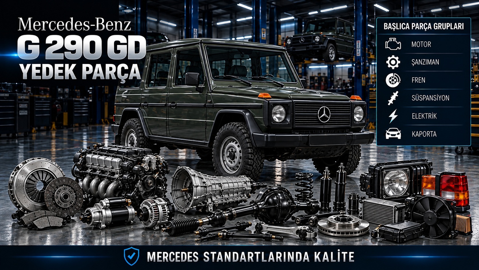 Mercedes-Benz G 290 GD dizel motor, arazi aktarması, fren ve gövde parçaları