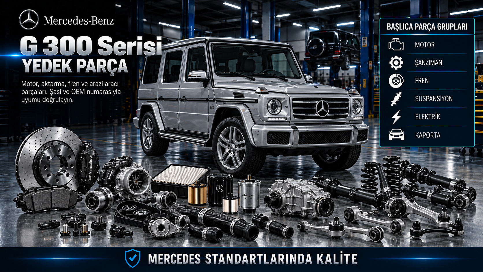 Mercedes G 300 arazi aracı için motor, aktarma, diferansiyel, fren ve gövde parçaları