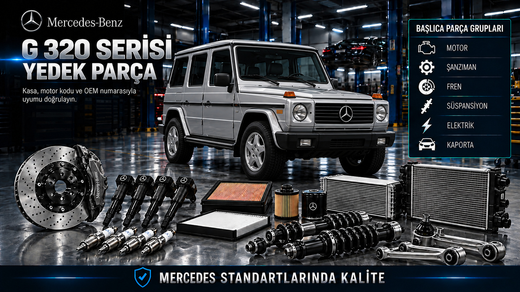 Mercedes G 320 arazi aracı motor, transfer kutusu, diferansiyel, fren ve gövde parçaları