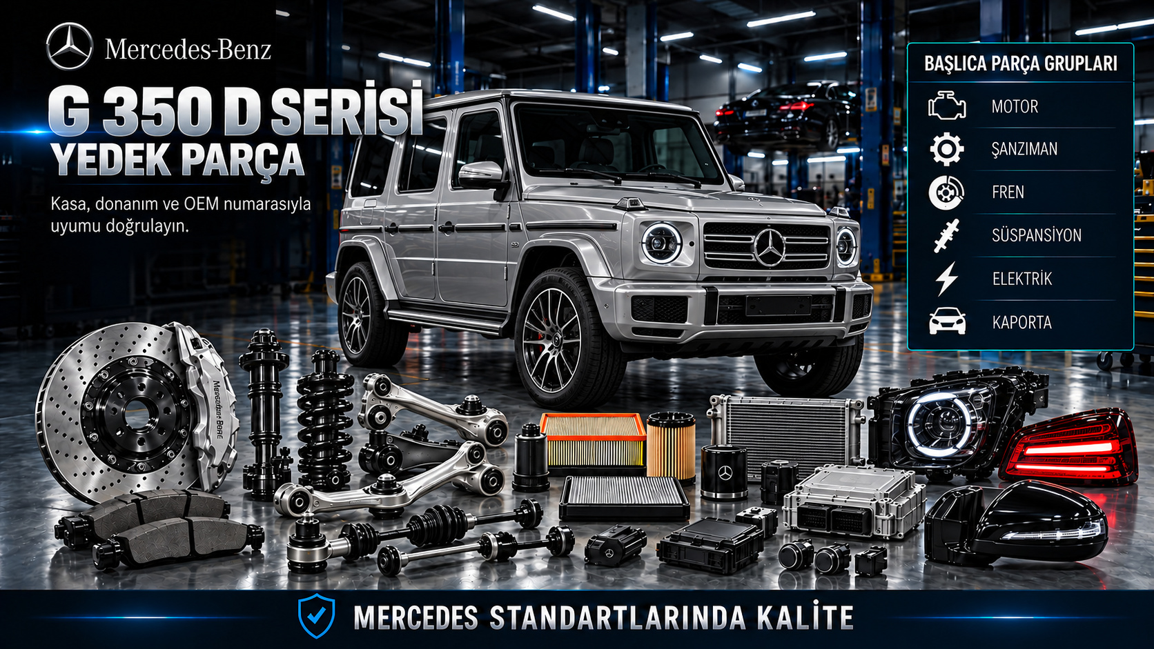 Mercedes G 350 D dizel motor, transfer kutusu, diferansiyel, aks ve gövde parçaları