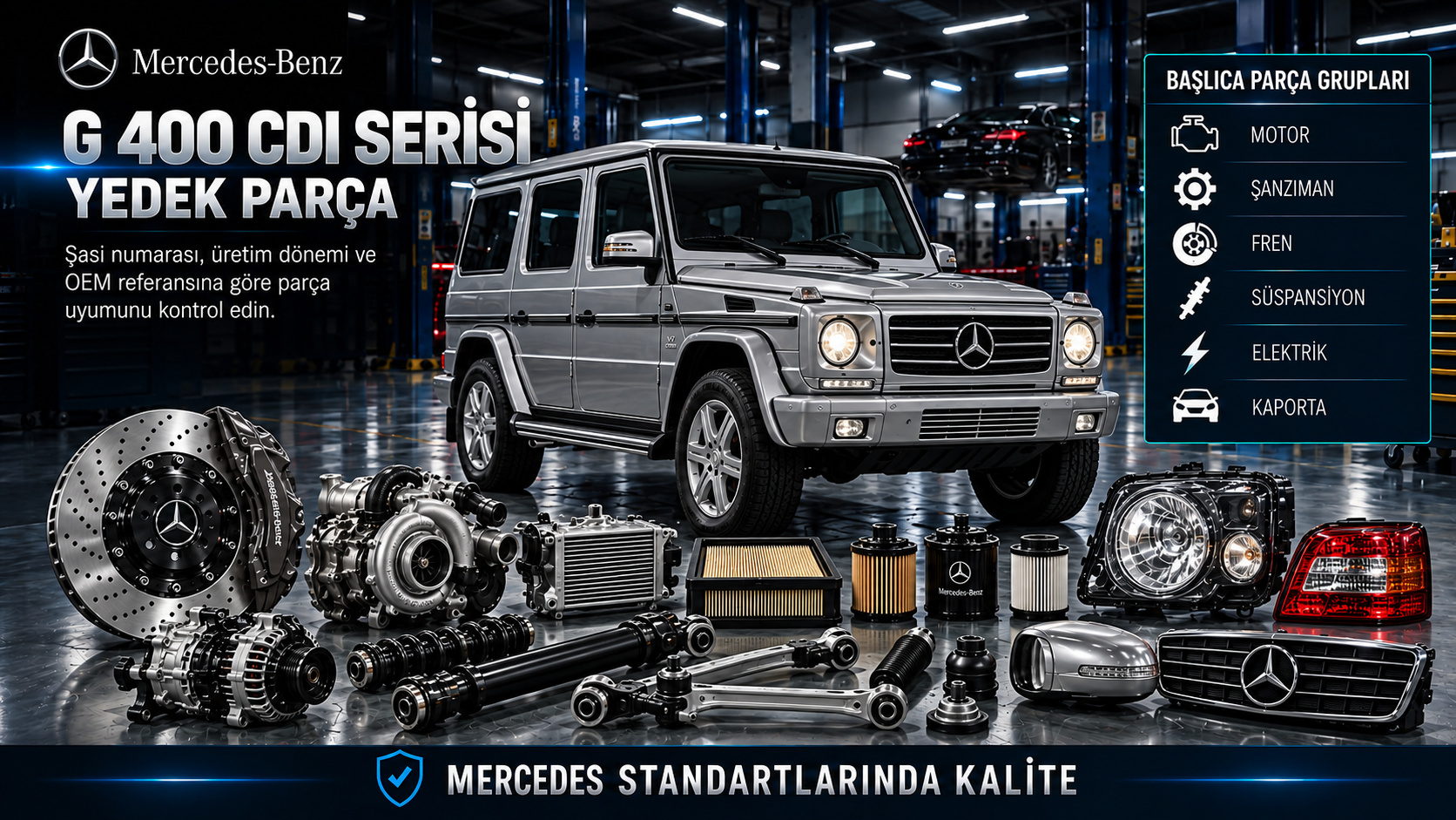 Mercedes G 400 CDI dizel motor, transfer kutusu, aks, fren ve gövde parçaları