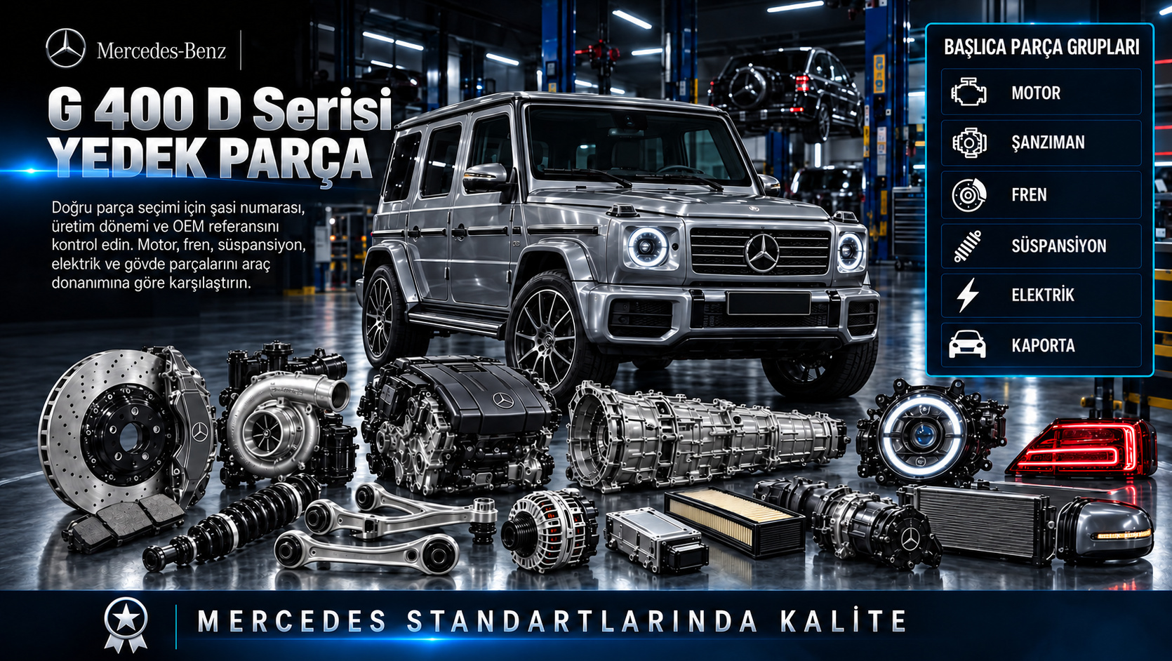Mercedes G 400 D Serisi Yedek Parça: motor, aktarma, fren, süspansiyon ve gövde parçaları